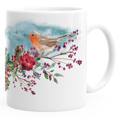 Kaffee-Tasse Vogel Rotkehlchen Blumen Misteln Watercolor Bird Weihnachten Christmas Autiga®