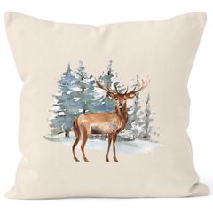 Kissenbezug Weihnachten Hirsch Deer  Winterlandschaft Schnee Watercolor Autiga®