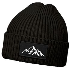 Herren Beanie Wintermütze mit Patch Berge Mountain Aufdruck Print Strickmütze mit Umschlag Rippstrick Neverless®