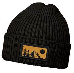 Herren Wintermütze Naturmotiv Beanie mit Patch Aufdruck Berge Wald Wandern Print Strickmütze Rippstrick Neverless®