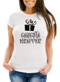 Damen T-Shirt Weihnachtsshirt Gangsta Wrapper Tasse Weihnachten lustig Geschenk Einpacker Slim Fit Moonworks®