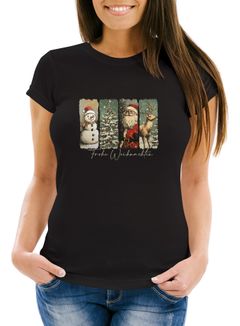 Damen T-Shirt Weihnachten Retro Design mit Schneemann Tannenbaum Santa Weihnachtsoutfit Moonworks®