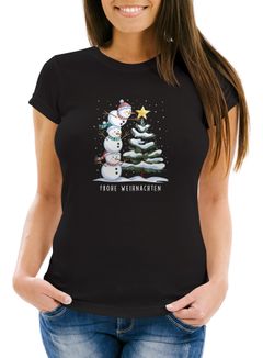 Damen T-Shirt Frohe Weihnachten Schneemann Design Aufdruck Schrift Weihnachtsoutfit Lustig Moonworks®