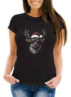 Weihnachtsshirt Damen Rentier Elch T-Shirt Weihnachten Lustig Weihnachtsoutfit Frauen Moonworks®
