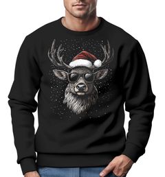 Sweatshirt Herren Weihnachtspullover Aufdruck Rentier Hirsch mit Weihnachtsmütze Weihnachtsoutfit Männer Moonworks®