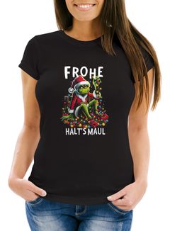 Weihnachtsshirt Damen Spruch T-Shirt Weihnachten Halts Maul Grinch Weihnachtsoutfit Frauen Moonworks®