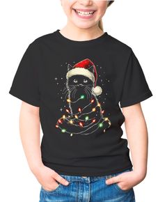 Kinder T-Shirt Weihnachten Katze mit Weihnachtsmütze Lustig Weihnachtsoutfit Mädchen Moonworks®