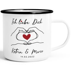 Emaille-Tasse personalisiert mit Namen und Datum Hände Herz Spruch Liebe Geschenk Jahrestag Valentinstag SpecialMe®