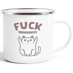 Emailletasse Fuck Youuu! Katze-Motiv Mittelfinger Emaille-Becher mit Spruch Motiv lustig Moonworks®