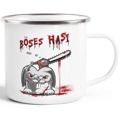 Emaille-Tasse Becher Spruch böses Hasi Kettensäge Motiv Horror Kaffeetasse Moonworks®