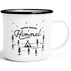 Emaille Tasse Becher Outdoor Design Spruch "unter freiem Himmel" Travelling Camping Trekking Kaffeetasse Moonworks®