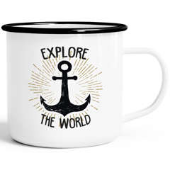 Emaille Tasse Becher Spruch Explore the world Anker Motiv Camping Trekking Kaffeetasse Moonworks®