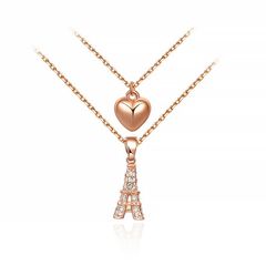 Damen Halskette Doppelkette Herz Kette Eiffelturm Paris Heart Anhänger vergoldet
