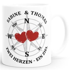 personalisierte Kaffee-Tasse Kompass zwei Herzen ein Ziel mit Namen Liebes-Geschenk Freundin Mann SpecialMe®