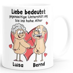 Tasse lustig Liebe bedeutet Unterstützung bis in hohe Alter Geschenk Mann Frau personalisiert Wunschnamen Moonworks®