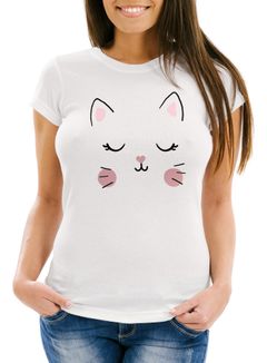 Damen T-Shirt Katze Katzengesicht Cat Tiergesichter Slim Fit Moonworks®