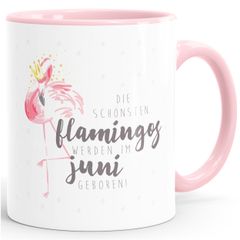 Tasse Geschenk Kaffeetasse Flamingo Krone die schönsten Flamingos werden im Juni geboren MoonWorks® Geburtstags-Tasse farbiger Henkel