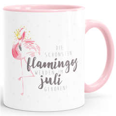 Tasse Geschenk Kaffeetasse Flamingo Krone die schönsten Flamingos werden im Juli geboren MoonWorks® Geburtstags-Tasse farbiger Henkel