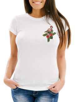 Damen T-Shirt Flamingo Tropical Palmblätter Sommer Stick-Patch-Optik Slim Fit Neverless®