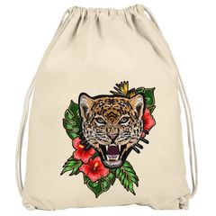 Turnbeutel Tiger Patch Tropical Palmblätter Sommer Stick-Optik Drawstring Gymbag Autiga®