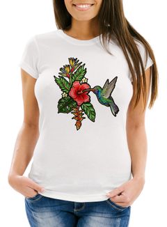 Damen T-Shirt Tropical Kolibri Vogel Palmblätter Sommer Stick-Patch-Optik Hummingbird Slim Fit tailliert Baumwolle Neverless®