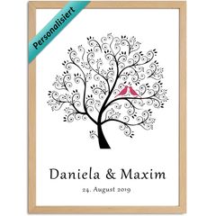 Poster Geschenk an das Brautpaar Hochzeit Baum Vogel-Pärchen mit Namen und Datum personalisiert SpecialMe®