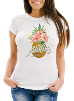 Damen T-Shirt Ananas Aloha Hawaii Blumen Pineapple Tropical Summer Jungle Paradise Hummingbird Slim Fit tailliert Baumwolle Neverless®