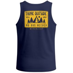 Herren Tank-Top Backprint Think Outside – Muskelshirt mit Camping Grafik Spruch „No Box Needed“ – Sommer Shirt Outdoor – Baumwolle Neverless®