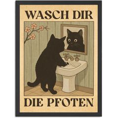 Poster Bilder Badezimmer Katze Wasch dir die Pfoten Wand-Deko Bad WC lustige Sprüche Digitaldruck | DIN A5, A4, A3 MoonWorks®