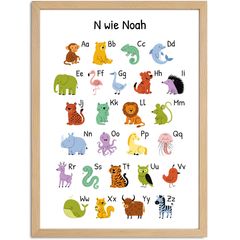 Kinder-Poster Einschulung personalisiert mit Name | ABC Zahlen Buchstaben Lernen | Bilder Kinderzimmer mit lustigen Tieren SpecialMe®