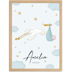 SpecialMe® Baby Poster mit Storch personalisiert | Geburtsposter mit Name & Datum | Geschenk zur Geburt | Wanddeko Babyzimmer