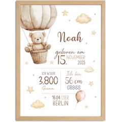 Baby Poster personalisiert mit Teddybär & Heißluftballon –|Geburtsposter mit Name Geburtsdatum Gewicht Größe |Geschenk Geburt |Deko fürs Babyzimmer SpecialMe® 