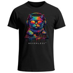 Herren T-Shirt DJ Katze Musik Print Festival EDM Shirt mit Katzenmotiv am DJ-Pult – Streetwear für Musikfans Club Sommer Neverless®