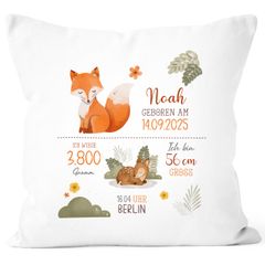 Kissen-Bezug personalisiert mit Name Datum Gewicht Fuchsmotiv Geburtskissen Geschenk Geburt Baby SpecialMe®