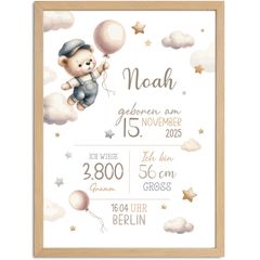 Baby Poster mit Geburtsdaten personalisiert | Teddybär mit Luftballon | Aquarell Kunstdruck | Wunschname Geburtsdatum SpecialMe® 