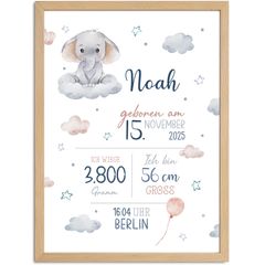Baby Poster personalisiert mit Geburtsdaten – Geburtsposter mit Elefant Wolken Sternen – Name Datum Größe Gewicht – Geschenk Geburt SpecialMe® 