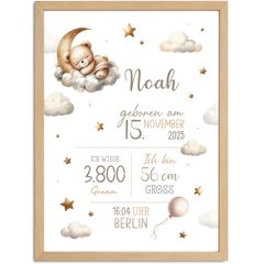Baby Poster personalisiert mit Geburtsdaten – Geburtsposter mit Teddybär, Wolken & Sternen – Name Datum Größe Gewicht – Geschenk zur Geburt SpecialMe® 