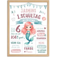 Kinder-Poster Einschulung 2025 Meerjungfrau personalisiert mit Wunschname Hobbies Vorlieben Geschenkidee SpecialMe®