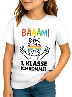 Kinder Mädchen T-Shirt Einschulung 2025 mit Regenbogen-Einhorn, Peace-Zeichen und lustigem Spruch Moonworks®