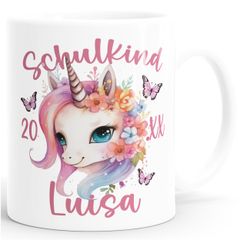 Tasse Geschenk Einschulung 2025 Einhorn Schulkind personalisiert mit Namen Jahreszahl Kindertasse Mädchen SpecialMe®