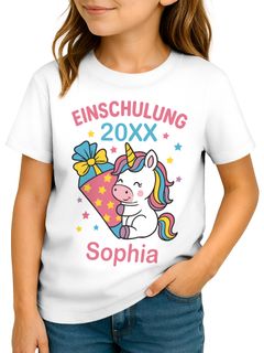 Kinder Mädchen T-Shirt Einschulung 2025 Einhorn personalisiert mit Jahreszahl und Name Geschenkidee Schulanfang Erstklässler Moonworks®