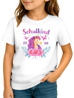 Kinder Mädchen T-Shirt Einhorn Blumen Schmetterlinge Aufdruck Schulkind 2025 – Geschenk  für kleine Einhorn-Fans Schulanfang SpecialMe®