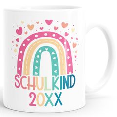 Kindertasse Kunststoff Einschulung 2025 Schulkind Regenbogen Herzen personalisierbar mit Jahreszahl für Kinder Jungen Mädchen SpecialMe®