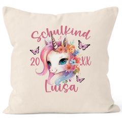 Kissen-Bezug Kinder Schulkind 2025 Geschenk zur Einschulung personalisiert mit Namen Einhorn Jahreszahl SpecialMe®