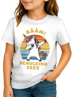 Kinder Mädchen T-Shirt Einschulung Retro Dab Einhorn Unicorn personalisiert Schulkind 2025 Schulanfang Moonworks®