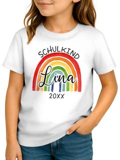 Kinder Mädchen T-Shirt RegenbogenSchulkind 2025 mit Name Jahreszahl personalisiert Geschenkidee Erstklässler SpecialMe®