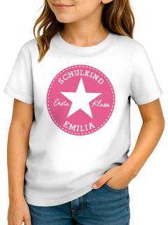 Kinder Mädchen T-Shirt Schulanfang mit Name personalisiert Schulkind 2025 Schriftzug mit Stern und Wunschname SpecialMe®