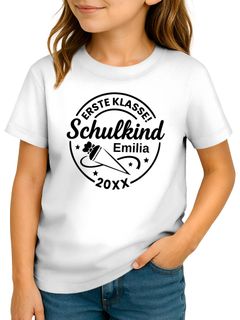 Kinder Mädchen T-Shirt Einschulung Erste Klasse personalisiert Schulkind 2025 mit Wunschname Schulanfang Geschenkidee Moonworks®