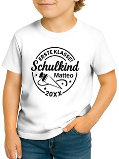 Kinder Jungen T-Shirt Emblem mit Schultüte Einschulung 2025 mit Namen personalisierbar Schulanfang Moonworks®