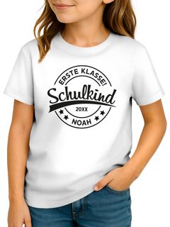 Kinder Mädchen T-Shirt Schulkind mit Name Jahreszahl Erste Klasse Logo-Design personalisiert Geschenkidee Einschulung 2025 SpecialMe®